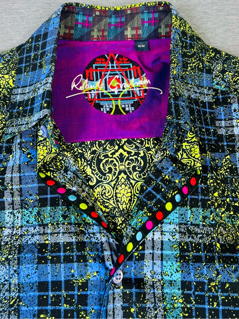 Robert Graham Blue Plaid Shirt with Neon Yellow and Multicolor Dots